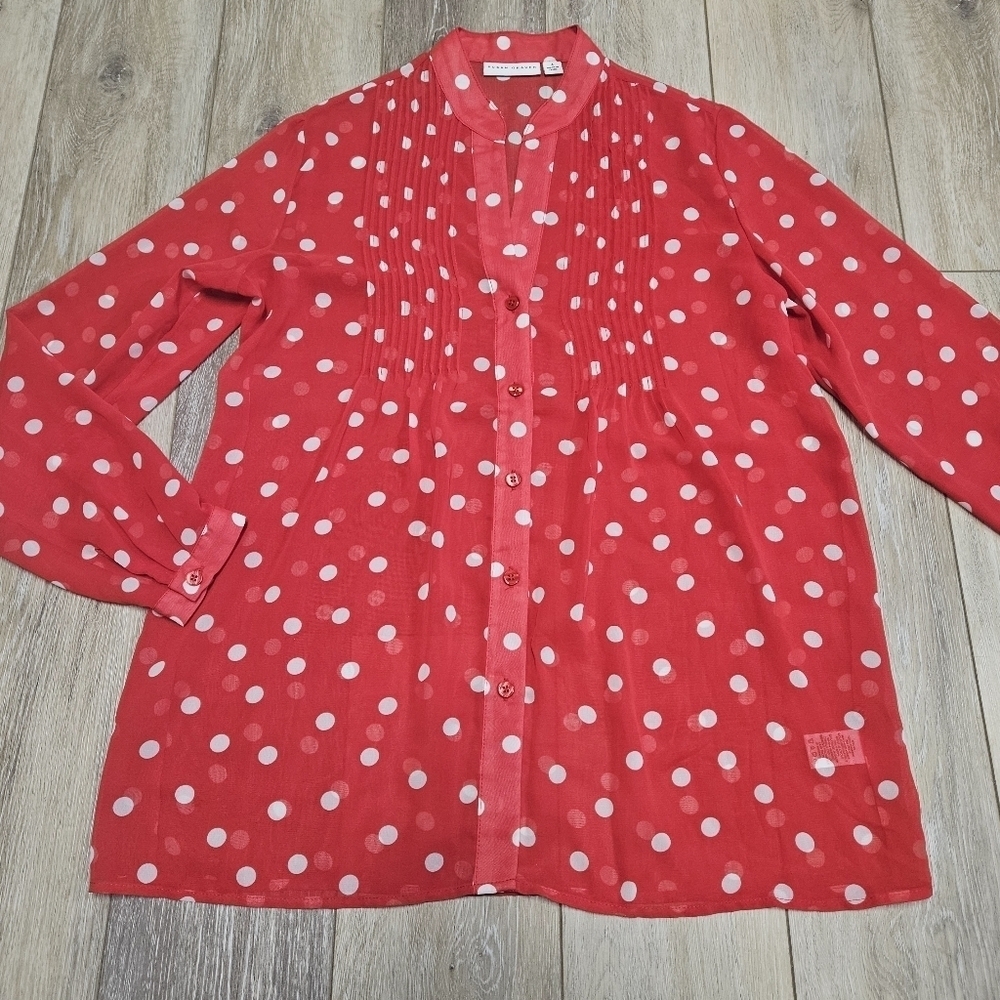 Susan Graver Polkadot Chiffon Pintuck Blouse Long Sleeve Women's 4 Red White